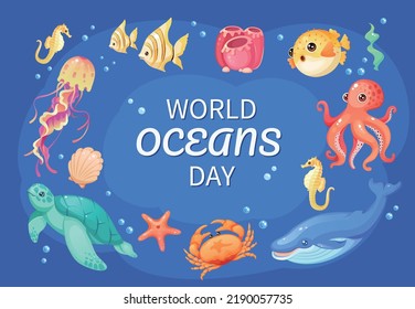 World Oceans Day, Marine Life, hand-drawn illustrations

 