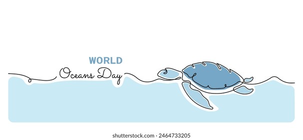 World Oceans Day minimal banner or poster with sea turtle swimming on water waves one line drawing. Vector illustration.