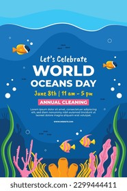 World oceans day. World ocean day. June 8. underwater ocean background. dolphin, shark, coral, fish, sea plants, stingray, turtle. design, poster, banner, template. save ocean. vector illustration.