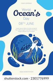 Día mundial de los océanos. Día mundial del océano. 8 de junio. fondo marino. delfín, tiburón, coral, pescado, plantas marinas, estingrises, tortuga. diseño, afiche, pancarta, plantilla. salva el océano. ilustración vectorial.