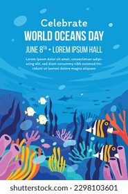 World oceans day. World ocean day. underwater ocean background. dolphin, shark, coral, sea plants, stingray and turtle. design, poster, banner, template, card. save ocean. concept. vector illustration