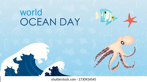 world oceans day, on a blue background with icons of marine life, lettering and waves