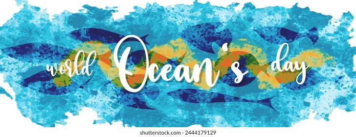 World Oceans Day on blue yellow watercolor background with fish silhouettes, horizontal banner. Vector illustration