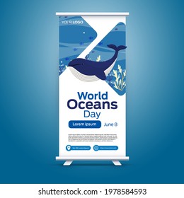 World oceans day on June 8 roll up business brochure flyer banner design vertical template vector, cover presentation abstract, modern publication x-banner and flag-banner, layout in rectangle size.