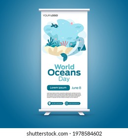 World oceans day on June 8 roll up business brochure flyer banner design vertical template vector, cover presentation abstract, modern publication x-banner and flag-banner, layout in rectangle size.