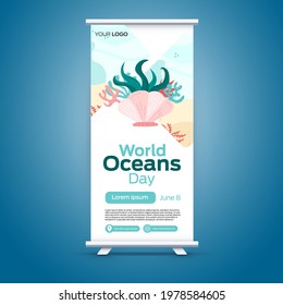 World oceans day on June 8 roll up business brochure flyer banner design vertical template vector, cover presentation abstract, modern publication x-banner and flag-banner, layout in rectangle size.