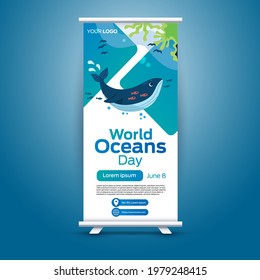 World oceans day on June 8 roll up business brochure flyer banner design vertical template vector, cover presentation abstract, modern publication x-banner and flag-banner, layout in rectangle size.