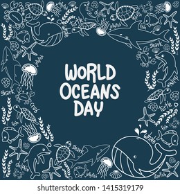 World Oceans Day. outline vector of marine life in the ocean with doodle style for celebration dedicated to help protect, and conserve world oceans, water, ecosystem