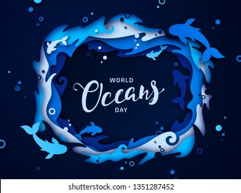 World Oceans Day, paper art. Global celebrate dedicated to help protect and conserve world oceans, problem of water plastic pollution, ecosystem, ecology. Poster with blue origami of sea waves, fishes