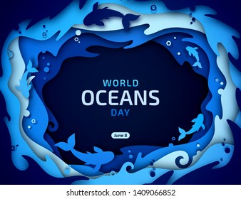 World Oceans Day, paper art. Global celebrate dedicated to protect and conserve purity of water, problem of plastic pollution of nature, ecosystem, ecology of planet. Origami of sea waves, fishes