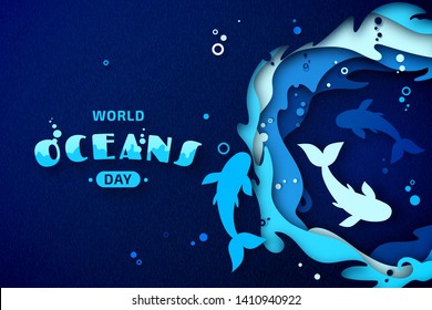 World Oceans Day, paper art. Global celebrate dedicated to protect and conserve purity of water, problem of plastic pollution of nature, ecosystem, ecology of planet. Origami of sea waves, fishes