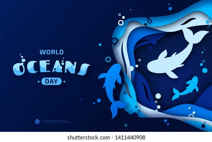 World Oceans Day, paper art. Global celebrate dedicated to protect and conserve purity of water, problem of plastic pollution of nature, ecosystem, ecology of planet. Origami of sea waves, fishes