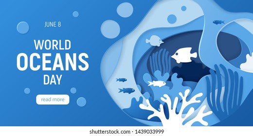 World Oceans Day. Paper art. Holiday dedicated to the protection and preservation of the oceans. Paper cut underwater background with coral reefs. Vector illustration