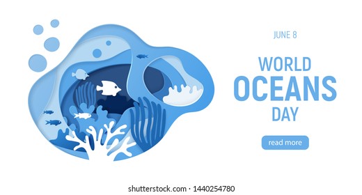 World Oceans Day. Paper art. Holiday dedicated to the protection and preservation of the oceans. Paper cut underwater background with coral reefs. Vector illustration