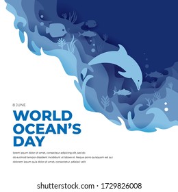 world ocean's day paper art with dolphin and coral