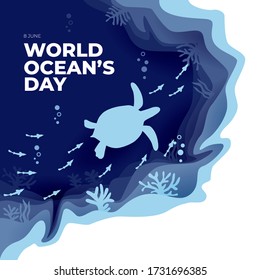 world ocean's day paper art greeting card with turtle and coral reef