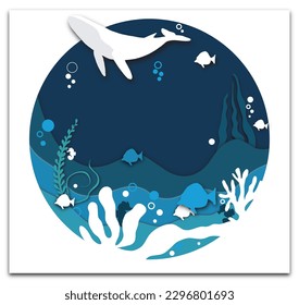 World Ocean's Day Paper art with big Whale , small fish and coral . Vector design illustration 