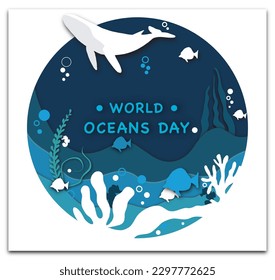 World ocean's Day paper art with Big Whale and Text vector illustration 