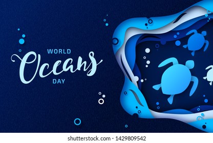 World Oceans Day, paper cut art. Global celebrate dedicated to protect and conserve purity of water, problem plastic pollution of nature, ecology planet. Origami underwater world, sea waves, turtles