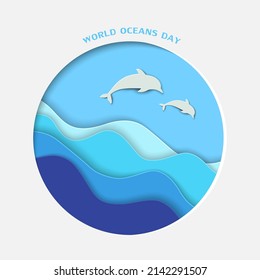 World Oceans Day with paper cut wave and dolphins on round frame,vector illustration
