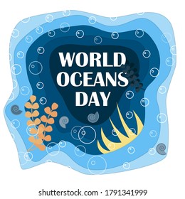 World oceans day. Papercut style illustration. Vector illustration