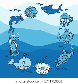 World Oceans day postcard with ocean animals isolated. Lettering hand drawn text. Design template, badge, icon, card, banner. Greeting card for Ocean day celebration. Vector outline illustration.