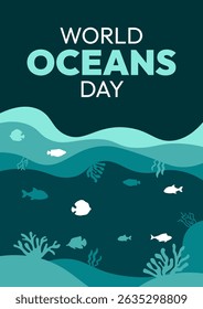 World Oceans Day. The poster is blue and features a variety of fish and other sea creatures
