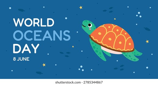 World Oceans Day poster with cute sea turtle underwater. Marine conservation banner for ocean awareness campaign, aquatic wildlife protection and environmental design. Flat vector illustration.