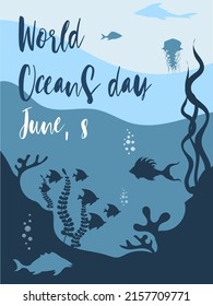 World oceans day poster design with underwater ocean, dolphin, shark, coral, sea plants, stingray and turtle