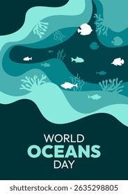 Día Mundial de los Océanos. El cartel muestra un océano azul con peces nadando en él