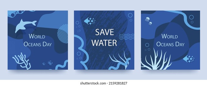 World oceans day poster set with blue background, liquid shapes and ocean elements. Layouts for printing, flyers, covers, banner design. Eco concept. Vector