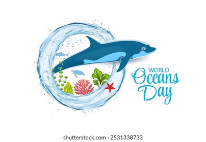 Afiche del Día Mundial de los Océanos con salpicaduras de agua y delfines nadando a través de una salpicadura líquida circular rodeada de vida marina como corales, algas marinas y estrellas de mar, destaca la importancia de la conservación de los océanos