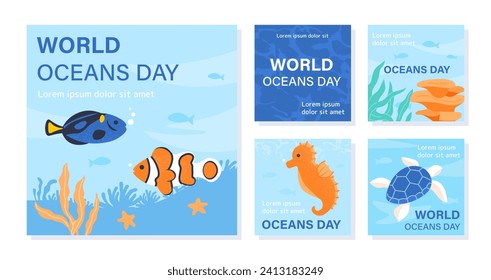 World oceans day posters set. Marine and underwater dwellers. Sea fauna and flora. Fishes with corals and reefs, turtle and shark. Cartoon flat vector collection isolated on white background