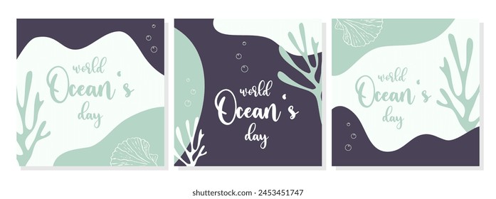 World Oceans Day posters set with seaweed, seashell coral and air bubbles. Harmonious flowing shapes in boho style. Vector illustration