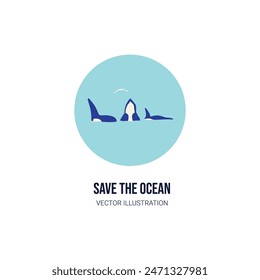 world oceans day. Save the ocean. Flat art orca dolphin for save ocean sea life creatures stamp, sticker, label, logo, design