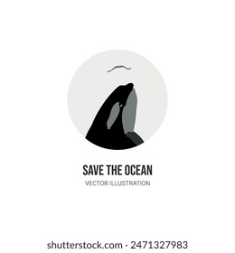 world oceans day. Save the ocean. Flat art orca dolphin for save ocean sea life creatures stamp, sticker, label, logo, design. Monochrome