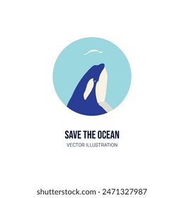 world oceans day. Save the ocean. Flat art orca dolphin for save ocean sea life creatures stamp, sticker, label, logo, design