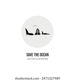 world oceans day. Save the ocean. Flat art orca dolphin for save ocean sea life creatures stamp, sticker, label, logo, design. Monochrome