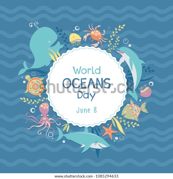 World oceans day. Sea animals. Poster. Vector\
illustration. 