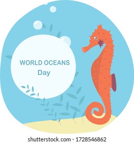 World oceans day. Sea horse and seaweed, underwater 