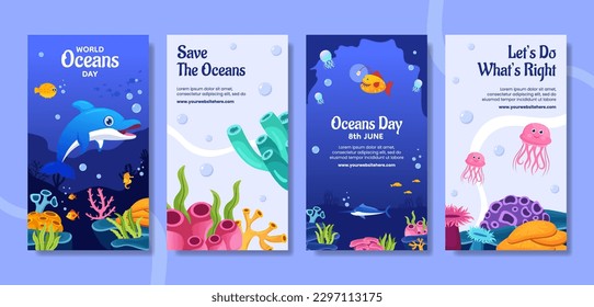 World Oceans Day Social Media Stories Flat Cartoon Hand Drawn Templates Background Illustration