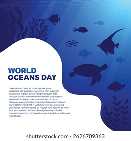World Oceans Day Square Banner - Background with underwater scenery theme for social media posts, campaigns or advertisements about the sea and the environment