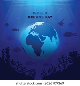 World Oceans Day Square Banner - Background with underwater scenery theme for social media posts, campaigns or advertisements about the sea and the environment