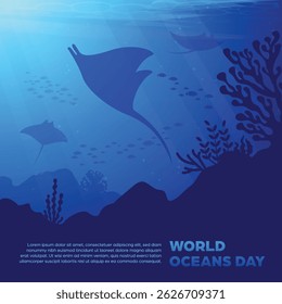World Oceans Day Square Banner - Background with underwater scenery theme for social media posts, campaigns or advertisements about the sea and the environment