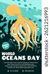 World Oceans Day Story Template. Banner with a Yellow Octopus Design for Social Media. Help Protect Our Oceans. Vertical Vector Illustration for Eco Campaigns