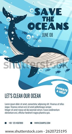 World Oceans Day Story Template Featuring a Whale in Flat Design Style. Perfect for Social Media Stories to Promote Ocean Conservation. Vertical Vector Illustration for Eco Awareness Campaigns.