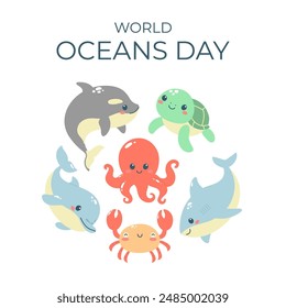 Plantilla del Día Mundial de los Océanos con lindos animales oceánicos. Plantilla para postales, afiches, Anuncios, redes sociales. Ilustración vectorial