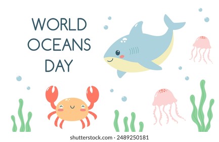 World oceans day template with cute ocean animals. Template for postcard, poster, banner. Vector illustration