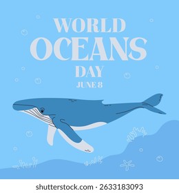 World oceans day template with humpback whale ocean animal. Template for postcard, poster, banner. Vector illustration