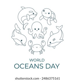 Plantilla del Día Mundial de los Océanos con animales oceánicos de arte lineal. Plantilla para postales, afiches, Anuncios, redes sociales. Ilustración vectorial